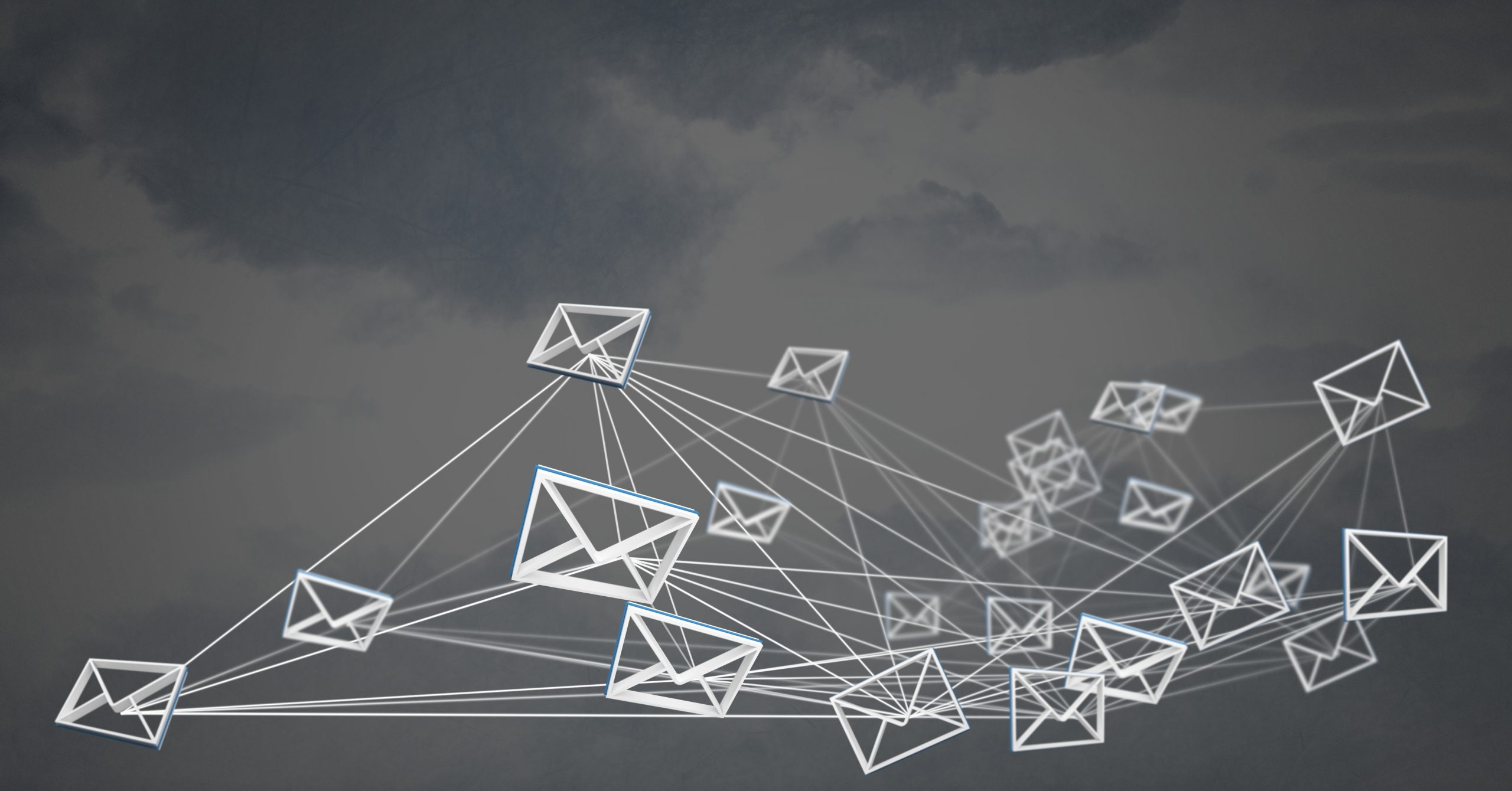 bunch of 3d emails flying through sky, symbollizing affiliate email marketing