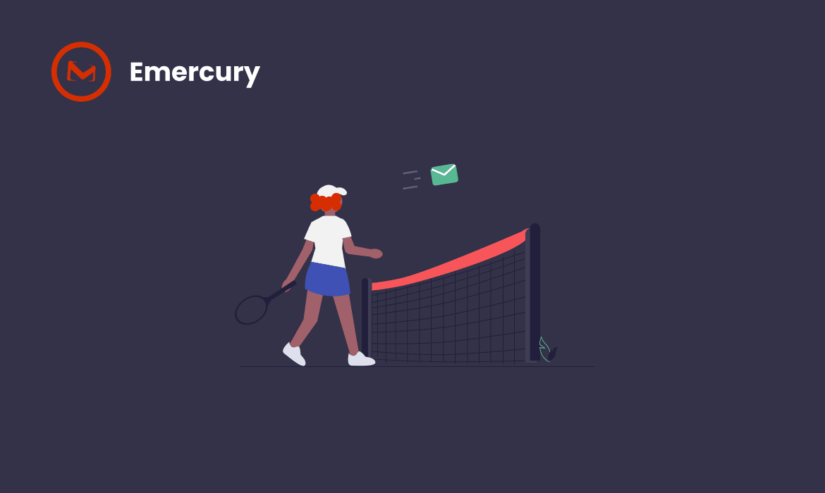 Illustration of a tennis player volleying an envelope across the net, a symbolic illustration of how to avoid spam filters.