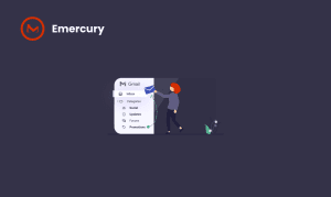 An illustration of a woman moving an email icon from the gmail promotions tab, to the inbox tab